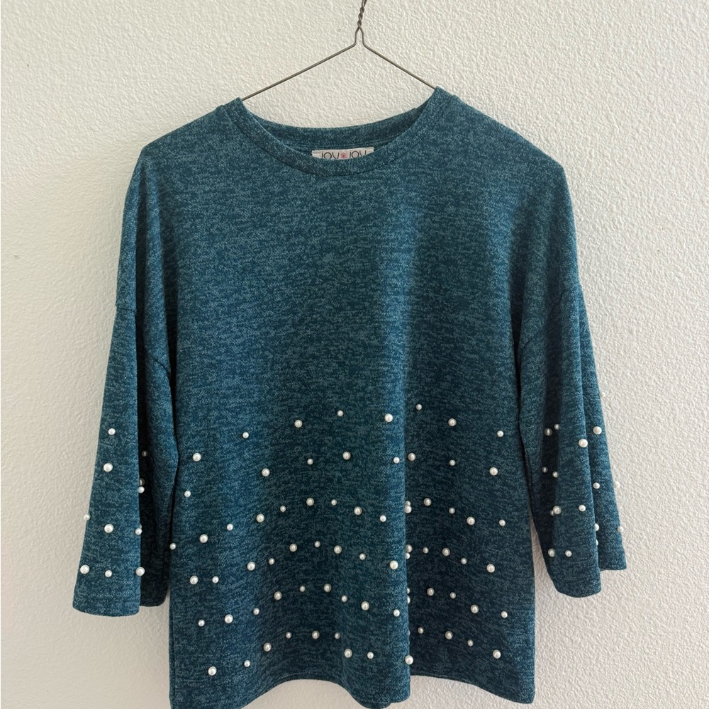 Joy Joy Dark Teal Top with Pearl Embellishments